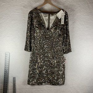 Vtg Scala Sequin Dress Womens 12 Metallic 100% Silk V-Neck Long Sleeve Back Zip